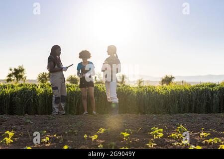 Les agricultrices debout avec une fille discutant à la ferme pendant la journée ensoleillée Banque D'Images