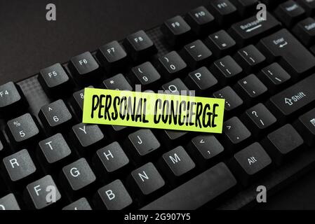 Affiche affichant le concierge personnel. Approche d'affaires quelqu'un qui fera des arrangements ou de courir errands en ligne navigation et exploration, création de blog Banque D'Images