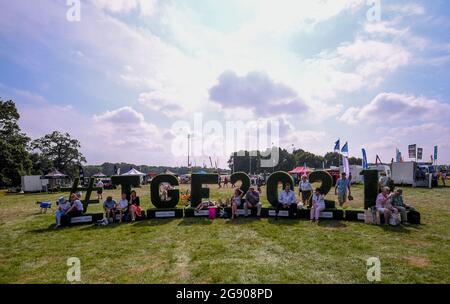 Ragley Hall, Warwick, Warwickshire, Royaume-Uni. 23 juillet 2021. Le salon du jeu ; les visiteurs se détendent sur la sculpture #TGF2021 crédit: Action plus Sports/Alamy Live News Banque D'Images