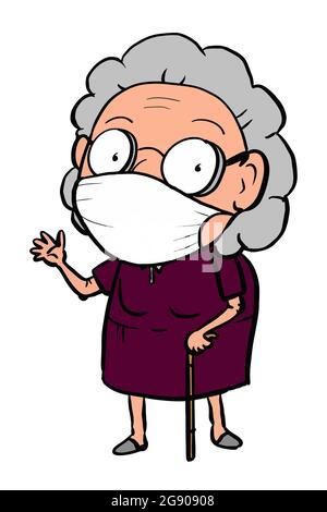 Personnages de dessin animé mignon vieille grand-mère, personnes âgées, prenant le masque de visage pour protéger sa santé.motivation élevée Banque D'Images