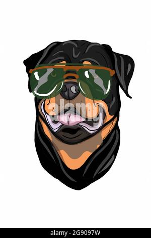 Mignon dessin animé, portrait, tête de chien de roadfighter, portant des lunettes de soleil dessin illustration. Banque D'Images