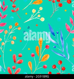 Motif aquarelle tramée sans couture. Décoration florale faite de branches et de feuilles de différentes formes et couleurs. Plantez des branches avec des feuilles et des baies sur fond vert. Banque D'Images