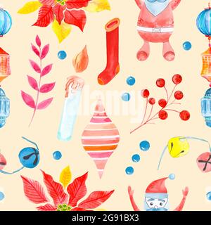 Motif aquarelle tramée sans couture des symboles de Noël et du nouvel an. Éléments et articles de vacances sur fond marron. Banque D'Images