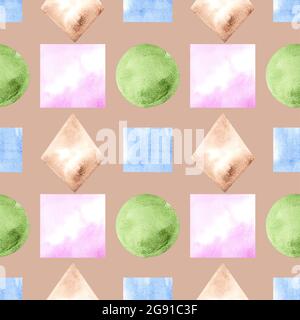 Aquarelle Dessin illustration modèle homogène de formes de formes sur un arrière-plan. Silhouettes de cercles, carrés, rectangles, rhombs sur l'arrière-plan. Banque D'Images