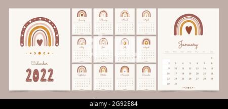 Calendrier mignon 2022 avec boho arc-en-ciel pour les enfants. Illustration vectorielle de dessin animé. Modèle de style scandinave. Illustration de Vecteur
