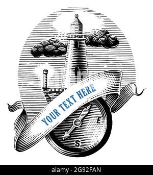 Phare avec boussole logo main dessiner style gravure vintage noir et blanc clip art isolé sur fond blanc Illustration de Vecteur