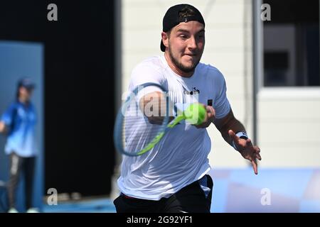 Tokyo, Japon. 24 juillet 2021. Tennis : Jeux Olympiques, singles hommes, 1er tour, Struff (Allemagne) - Monteiro (Brésil), au Parc de tennis Ariake. Jan-Lennard Struff en action. Credit: Marijan Murat/dpa/Alamy Live News Banque D'Images