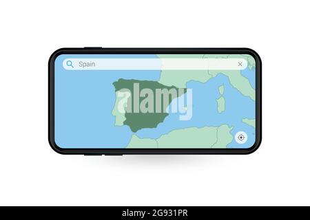 Recherche sur la carte de l'Espagne dans l'application de cartographie du smartphone. Carte de l'Espagne dans téléphone portable. Illustration vectorielle. Illustration de Vecteur