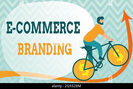 Affichage conceptuel E Commerce Branding, concept signifiant établir une image de votre entreprise dans yclients yeux homme dessin Riding Bicycle avec Dollar S. Banque D'Images