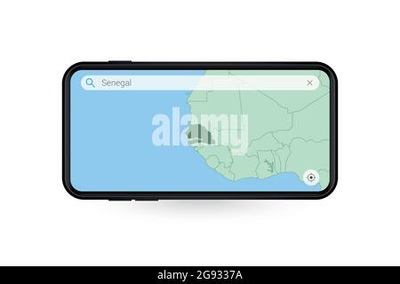 Recherche de carte du Sénégal dans l'application de carte pour smartphone. Carte du Sénégal dans téléphone portable. Illustration vectorielle. Illustration de Vecteur