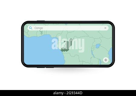 Recherche sur la carte du Congo dans l'application cartographique du smartphone. Carte du Congo dans téléphone portable. Illustration vectorielle. Illustration de Vecteur