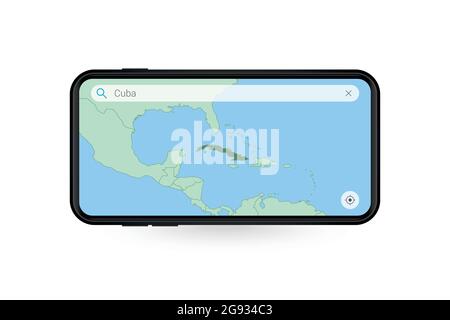 Recherche sur la carte de Cuba dans l'application de cartographie du smartphone. Carte de Cuba dans téléphone portable. Illustration vectorielle. Illustration de Vecteur