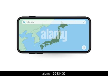 Recherche sur la carte du Japon dans l'application cartographique du smartphone. Carte du Japon dans téléphone portable. Illustration vectorielle. Illustration de Vecteur