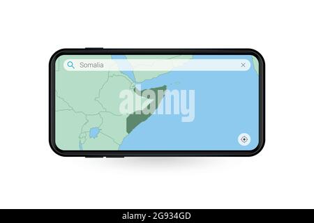Recherche sur la carte de Somalie dans l'application de carte pour smartphone. Carte de la Somalie dans téléphone portable. Illustration vectorielle. Illustration de Vecteur