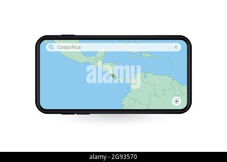 Recherche sur la carte du Costa Rica dans l'application de carte pour smartphone. Carte du Costa Rica dans téléphone portable. Illustration vectorielle. Illustration de Vecteur