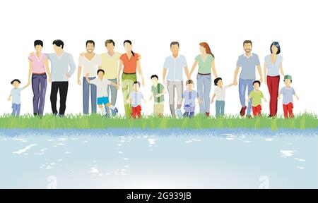 Familles, parents et enfants, groupes de personnes au bord de l'eau Illustration de Vecteur