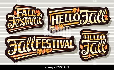 Ensemble vectoriel pour la saison d'automne, logos sombres avec police calligraphique curly, feuilles d'automne tombant et bandes décoratives, collection de 4 badges isolés avec Illustration de Vecteur