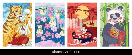 Cuisine chinoise affiche tigre avec baguettes manger canard de pékin.Chine bannière alimentaire nationale boulettes dim sum ou wonton.Assiette à soupe style circulaire oriental mapo tofu.Étiquette de boîte rouge pour wok à nouilles Panda Hold.Vecteur Illustration de Vecteur