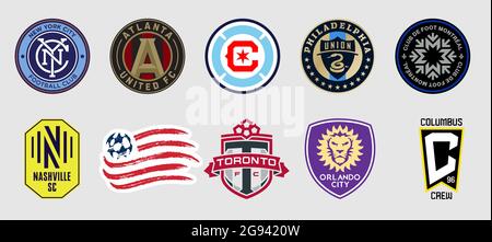Vinnytsia, Ukraine - 23 juillet 2021. Ensemble de 10 logo de football de la Conférence de l'est. Révolution de la Nouvelle-Angleterre, Orlando City, Philadelphia Union, Nashville Illustration de Vecteur