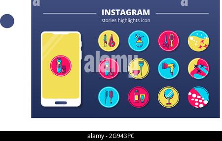 Icônes linéaires rondes magasin de coiffure pour les histoires éternelles dans Instagram, modèle de téléphone Illustration de Vecteur