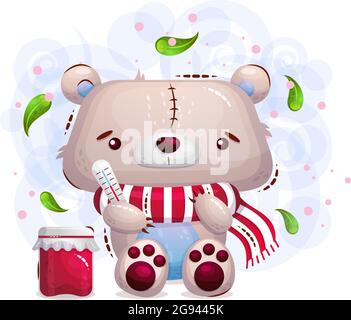 Un adorable ours en peluche malade dans une écharpe et une confiture. Illustration vectorielle de dessert sur fond d'enfant, dans le style d'une bande dessinée. Illustration de Vecteur