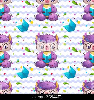 L'adorable alpaga s'assoit dans une posture de lotus et lit un livre. Motif vectoriel plat sans couture dans le style d'un dessin animé, Illustration de Vecteur