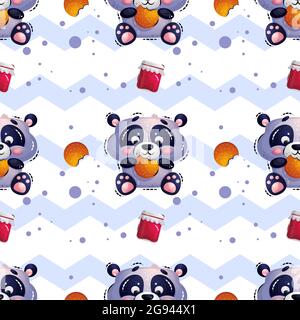 Un adorable ours de panda affamé est assis et mange des biscuits. Motif vectoriel sans couture dans le style de dessin animé, Illustration de Vecteur