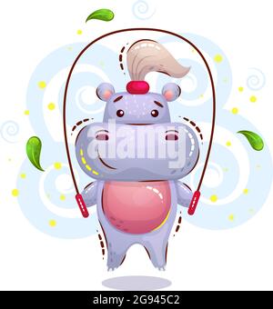 Mignon fille Hippo est engagé dans le sport et saute sur une corde. Illustration vectorielle plate pour les enfants dans le style de dessin animé Illustration de Vecteur