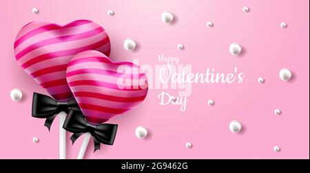 Saint Valentin. Vector doux et joli fond rose avec des sucettes et des perles de bonbon en 3D réalistes. Bannière pour le site ou les cartes postales. Placer pour le texte Illustration de Vecteur