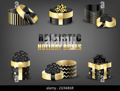 Jeu de boîtes d'emballage dorées. Objets 3d vectoriels réalistes sur fond noir. Cadeaux pour noël et le nouvel an. Illustration de Vecteur