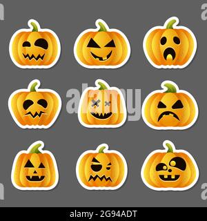 Ensemble de potiquets de citrouilles d'halloween, illustration vectorielle de visages amusants Illustration de Vecteur