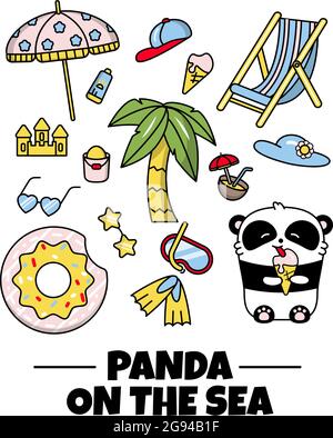 Un ensemble de stickers de petit panda mignon lors de vacances d'été. Fête sur la plage. Illustration vectorielle couleur plate de style linéaire sur fond blanc. Ours Kawai Illustration de Vecteur