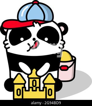 Un petit panda mignon construit un château de sable sur la plage, illustration de couleur plate Vector dans un style linéaire sur fond blanc. Ours Kawai. Illustration de Vecteur