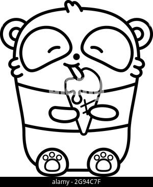 Un petit panda mignon mange de la glace. Illustration vectorielle de style linéaire sur fond blanc. Ours Kawai. Page de livre de coloriage. Illustration de Vecteur