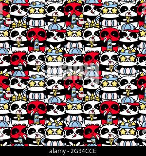 Beaucoup de panda de Kandawa mignonne lors de vacances d'été en mer. Motif vectoriel sans couture de couleur plate de style linéaire Illustration de Vecteur