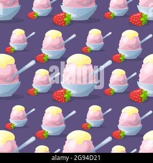 Dessert japonais traditionnel kakigori. Croustilles de glace au sirop de fraise. Motif vectoriel sans couture Illustration de Vecteur