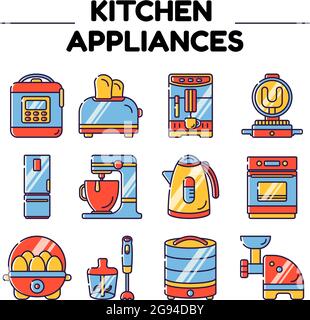 Appareils électriques de cuisine. Icônes vectorielles plates de style linéaire sur fond blanc. Objets isolés Illustration de Vecteur