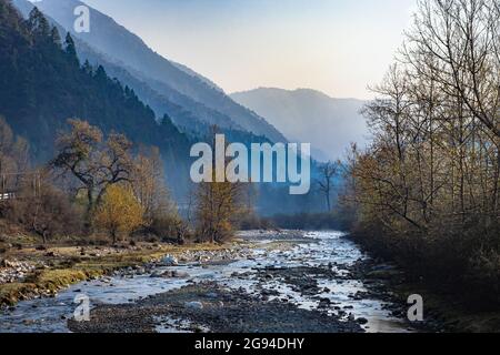 rivière traversant la vallée de montagne brumeuse couverte de forêts denses et ciel bleu à l'aube image est prise au shergaon arunachal pradesh inde. Banque D'Images