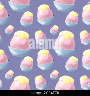 Dessert japonais traditionnel kakigori. Croustilles de glace au sirop de fraise. Motif vectoriel sans couture. Illustration de Vecteur