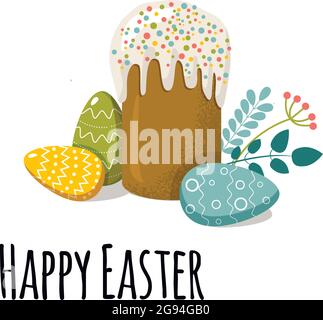 Illustration vectorielle sur le thème de Pâques avec gâteau, œufs et oreilles de lapin style de dessin animé. Utilisé pour les bannières, les cartes, les messages d'accueil et les affiches Illustration de Vecteur