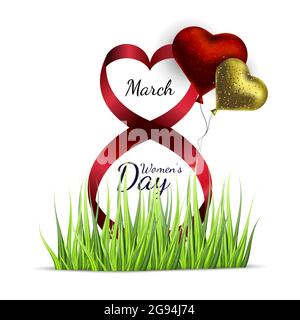 Carte de vœux vectorielle avec ballons et herbe sur fond blanc. 8 mars Journée de la femme. Illustration de Vecteur