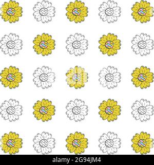 Motif vectoriel sans couture de tournesol couleur et monochrome de style scandinave dessiné à la main sur fond blanc. Style de dessin animé utilisé pour les arrière-plans, Illustration de Vecteur