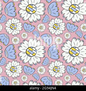 Motif vectoriel sans couture de fleurs de couleur peut limures et tournesols dans le style scandinave dessiné à la main sur un fond de couleur. Pour les fonds, les textiles Illustration de Vecteur