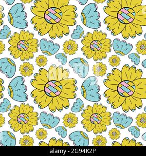 Motif vectoriel sans couture de fleurs de couleur peut limures et tournesols dans le style scandinave dessiné à la main sur un fond blanc. Pour les fonds, les textiles Illustration de Vecteur