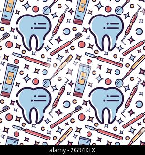 Motif vectoriel sans couture sur le thème dentaire. Dents et équipement pour dentistes. Utilisé pour les fonds d'écran, les cartes et les fonds d'écran. Illustration de Vecteur