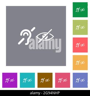 Symboles pour malentendants et malvoyants icônes plates sur des arrière-plans carrés de couleur simple Illustration de Vecteur