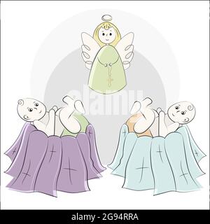 Baptême de l'enfant dans l'église, baptême. Anges avec ailes et un halo. Ensemble vectoriel d'éléments isolés, dessiné à la main. Utilisé pour les cartes postales, con Illustration de Vecteur