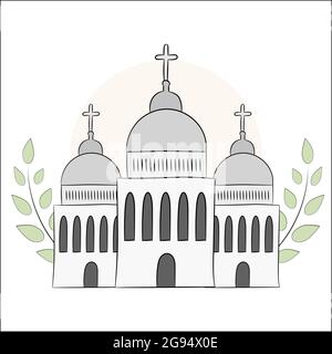 Église vectorielle, temple, chapelle avec dômes et croix. La religion est le christianisme, le Baptême. Objet isolé sur fond blanc. Une illustration peinte Illustration de Vecteur