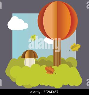 Vecteur automne paysage, arbre, feuilles de champignons. Illustration de Vecteur