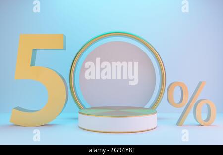 Podium blanc et or et texte 50% pour la présentation du produit et arche dorée sur mur blanc avec éclairage de fond style de luxe. Modèle 3d et illustrae Banque D'Images